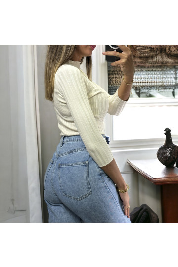 Haut manche 3/4 en maille côtelé beige très extensible  - 1