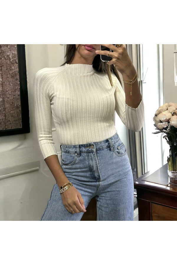 Haut manche 3/4 en maille côtelé beige très extensible  - 2