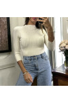 Haut manche 3/4 en maille côtelé beige très extensible  - 2