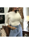 Haut manche 3/4 en maille côtelé beige très extensible  - 3