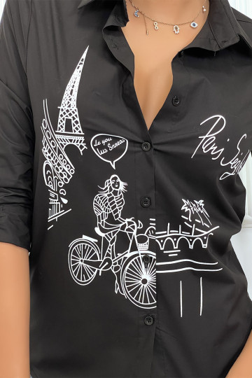 Chemise noire cintrée avec illustration Paris - 2