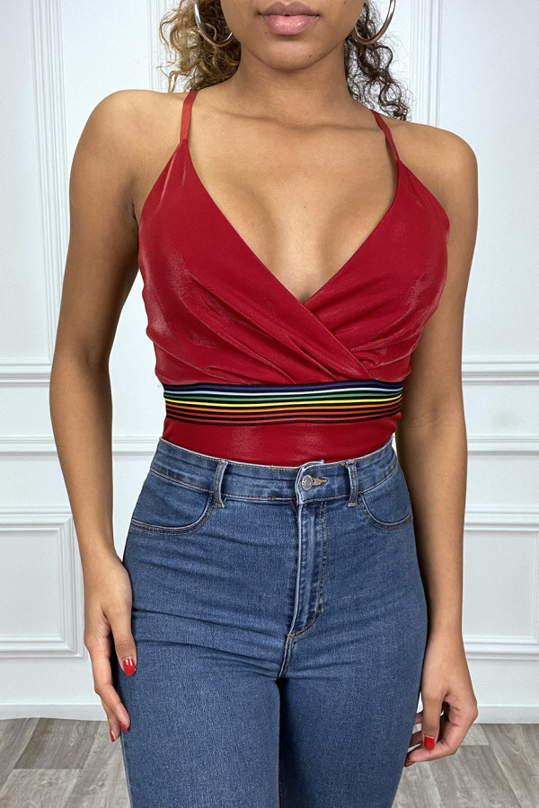 Body bordeaux brillant cache coeur à bande multicolores - 1