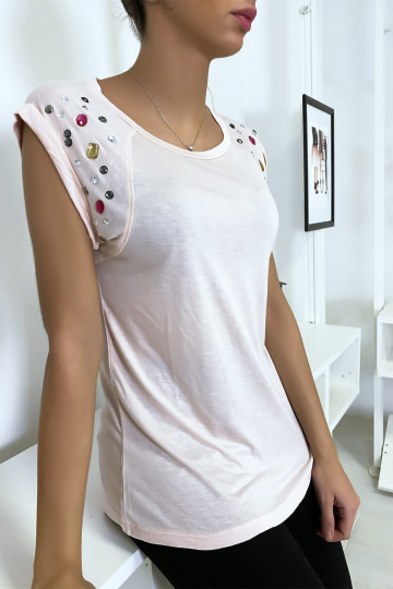Tee shirt rose avec strass aux épaules - 3