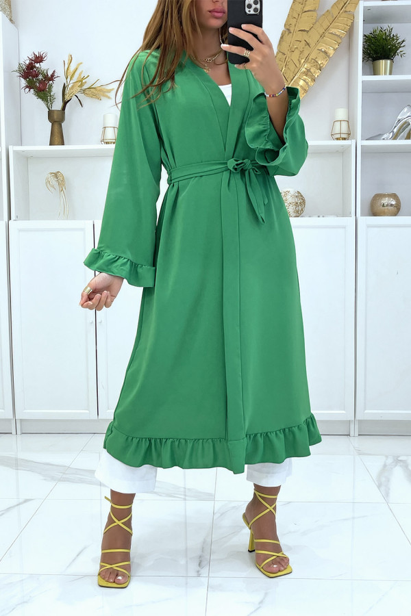 Abaya kimono vert avec volant et ceinture - 1