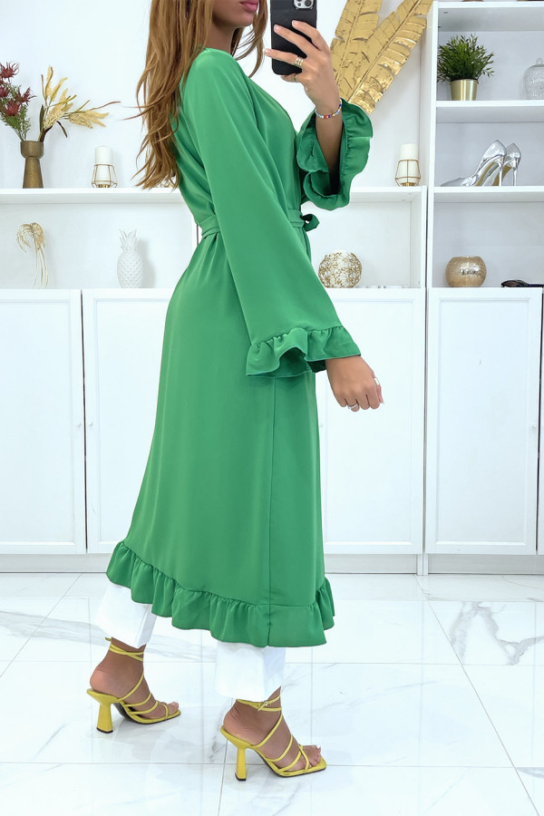 Abaya kimono vert avec volant et ceinture - 4
