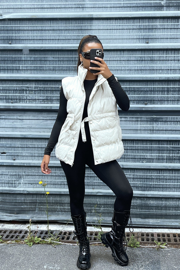Doudoune en simili beige sans manche ajustable à la taille - 2