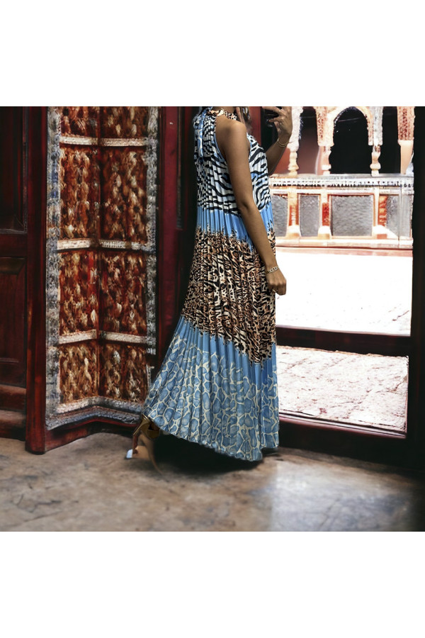 Longue robe plissé turquoise avec motif léopard - 1