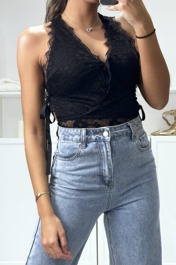 Body noir en dentelle croisé devant et noeud sur les cotés  - 3