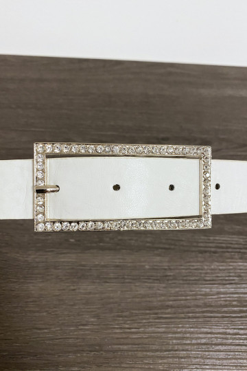 Ceinture blanche en simili avec boucle rectangulaire ornée de strass - 2