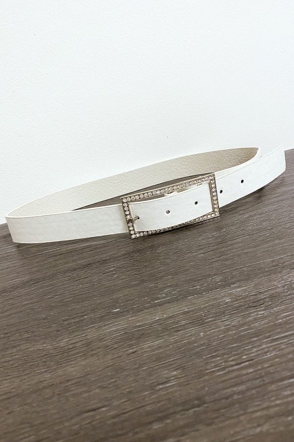 Ceinture blanche en simili avec boucle rectangulaire ornée de strass - 3
