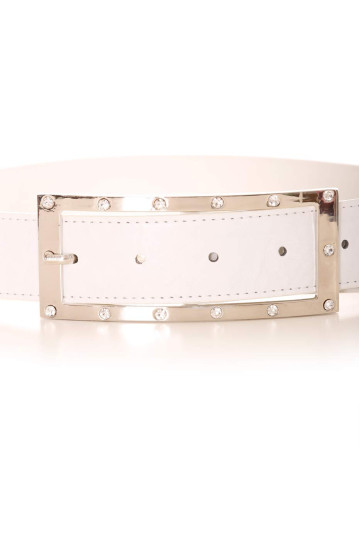 Ceinture blanche avec boucle rectangulaire argentée et strass. Accessoire 9008 - 2