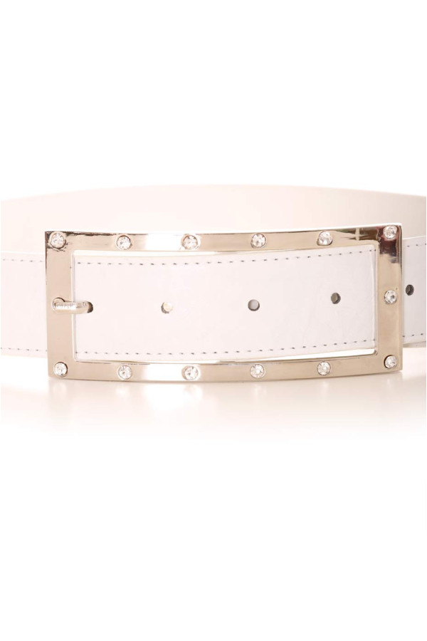 Ceinture blanche avec boucle rectangulaire argentée et strass. Accessoire 9008 - 2