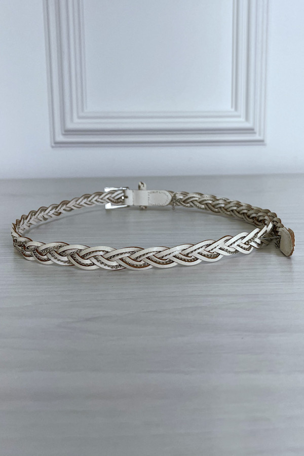 Fine ceinture beige tréssé en simili avec chêne - 4