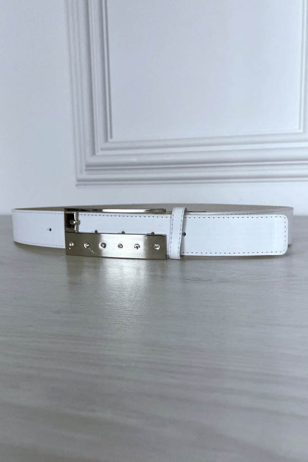 Ceinture blanche fine à boucle rectangulaire à strass - 3
