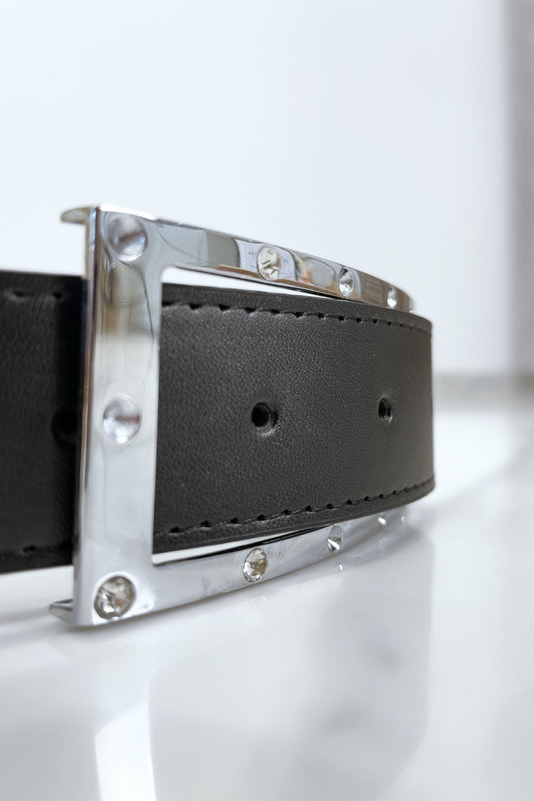 Ceinture noire avec boucle rectangle strass et argenté - 5