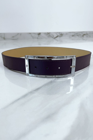 Ceinture violette avec boucle rectangle strass et argenté - 1