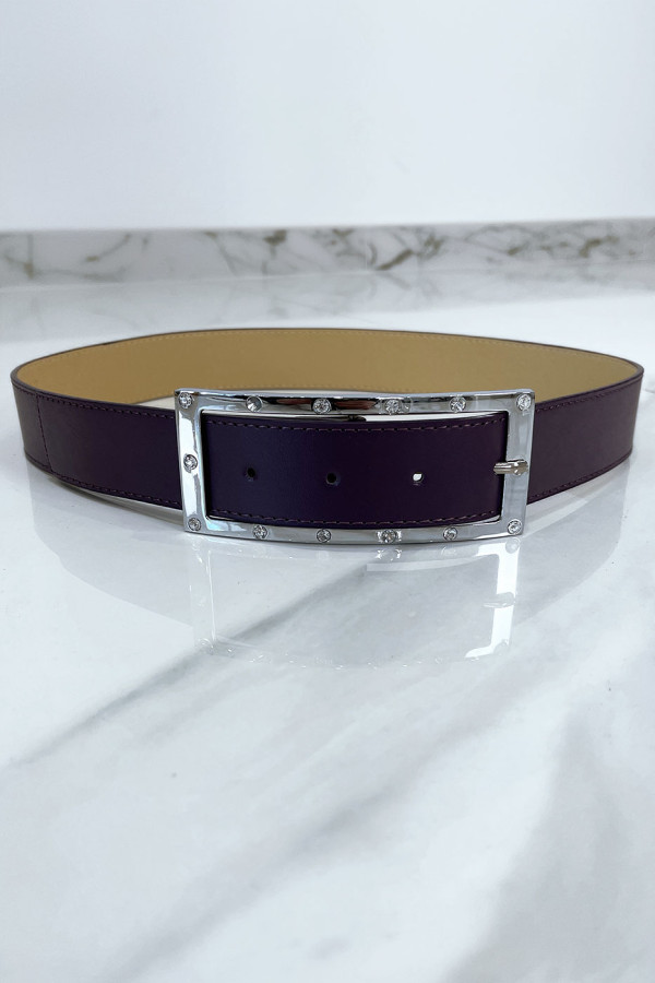 Ceinture violette avec boucle rectangle strass et argenté - 1