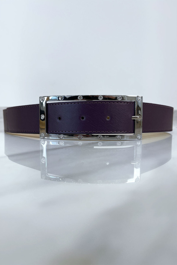 Ceinture violette avec boucle rectangle strass et argenté - 2