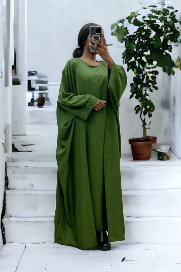 Abaya 2 pièces robe et kimono en kaki  - 1