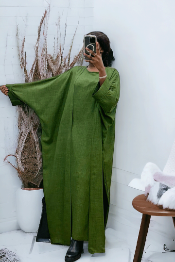 Abaya 2 pièces robe et kimono en kaki  - 2