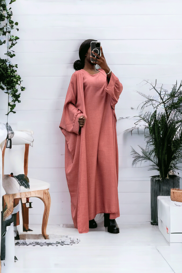 Abaya 2 pièces robe et kimono en rose - 1