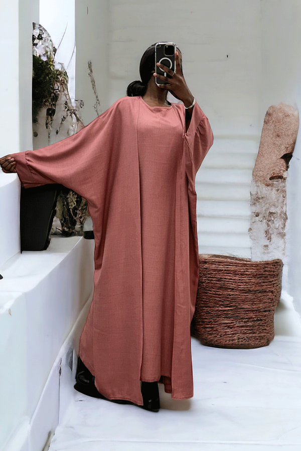 Abaya 2 pièces robe et kimono en rose - 3