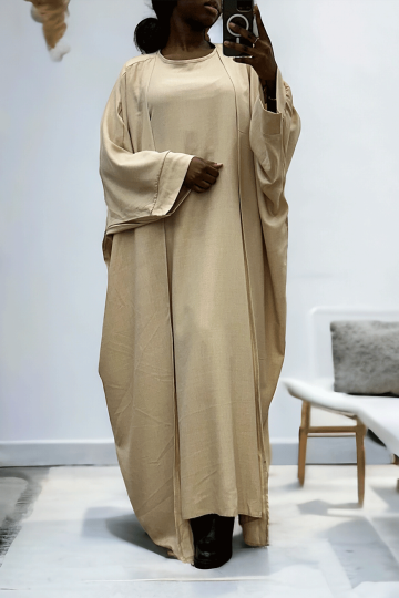 Abaya 2 pièces robe et kimono en beige - 1