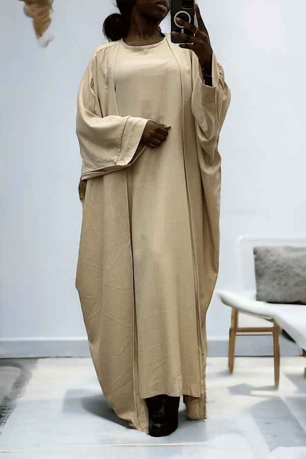 Abaya 2 pièces robe et kimono en beige - 1