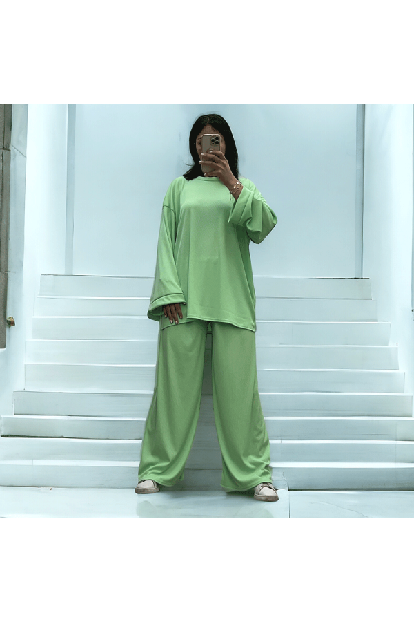Ensemble tunique et pantalon léger vert d'eau en maille côtelé extensible printemps été   - 1