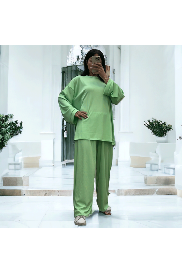 Ensemble tunique et pantalon léger vert d'eau en maille côtelé extensible printemps été   - 2