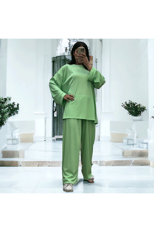 Ensemble tunique et pantalon léger vert d'eau en maille côtelé extensible printemps été   - 2