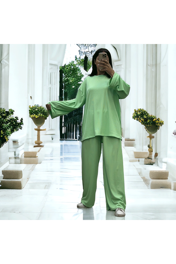 Ensemble tunique et pantalon léger vert d'eau en maille côtelé extensible printemps été   - 3