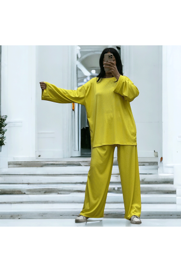 Ensemble tunique et pantalon léger jaune en maille côtelé extensible printemps été   - 1