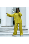 Ensemble tunique et pantalon léger jaune en maille côtelé extensible printemps été   - 1