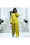 Ensemble tunique et pantalon léger jaune en maille côtelé extensible printemps été   - 2