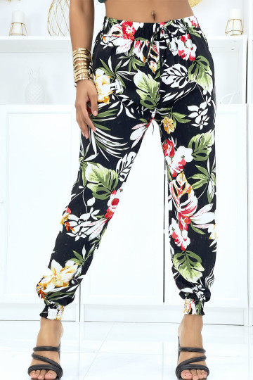 Pantalon noir à fleurs, fluide élastique à la taille et aux chevilles  - 1