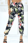 Pantalon noir à fleurs, fluide élastique à la taille et aux chevilles  - 1