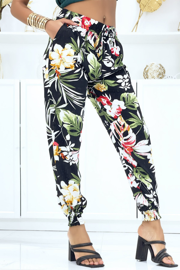 Pantalon noir à fleurs, fluide élastique à la taille et aux chevilles  - 3