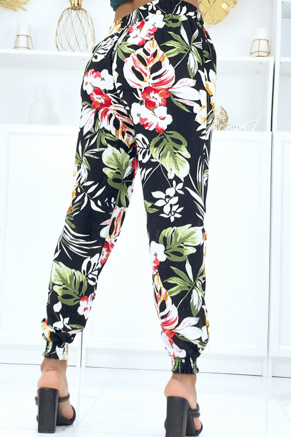 Pantalon noir à fleurs, fluide élastique à la taille et aux chevilles  - 4