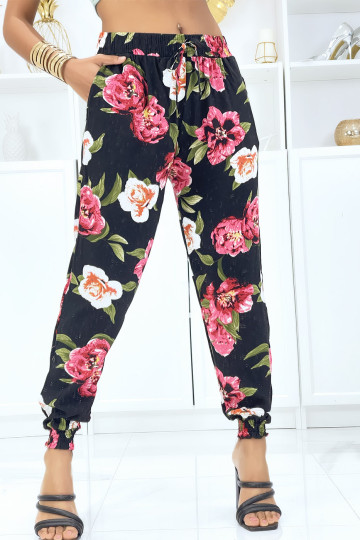 Pantalon noir à fleurs fluide élastique à la taille et aux chevilles - 1