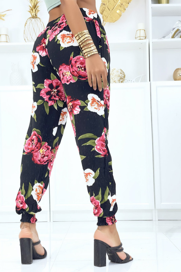 Pantalon noir à fleurs fluide élastique à la taille et aux chevilles - 3