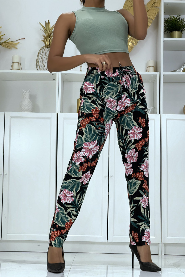 Pantalon fluide noir à motif floral B-21 - 1