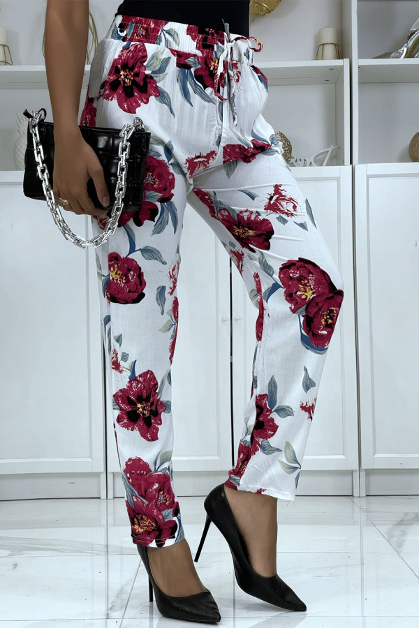 Pantalon fluide blanc à motif floral B-11 - 4