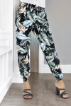 Pantalon noir à feuillage, fluide élastique à la taille et aux chevilles  - 2