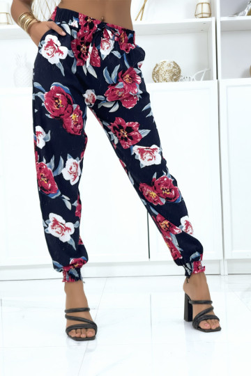Pantalon marine à fleurs fluide élastique à la taille et aux chevilles - 1