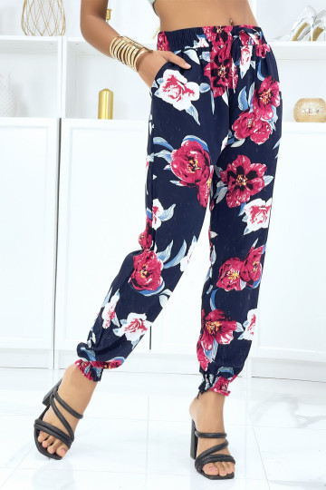 Pantalon marine à fleurs fluide élastique à la taille et aux chevilles - 2