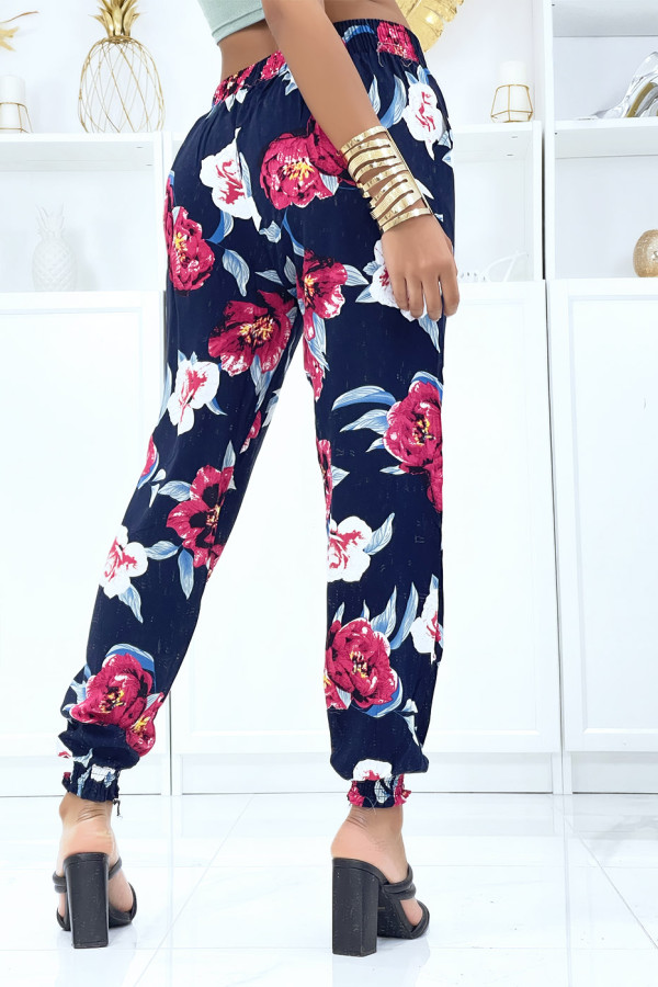 Pantalon marine à fleurs fluide élastique à la taille et aux chevilles - 3