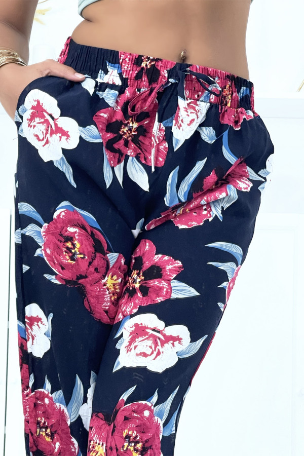 Pantalon marine à fleurs fluide élastique à la taille et aux chevilles - 4