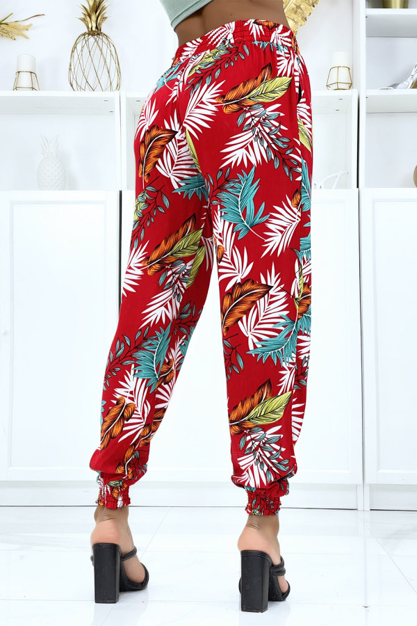 Pantalon feuillage rouge fluide élastique à la taille et aux chevilles  - 3