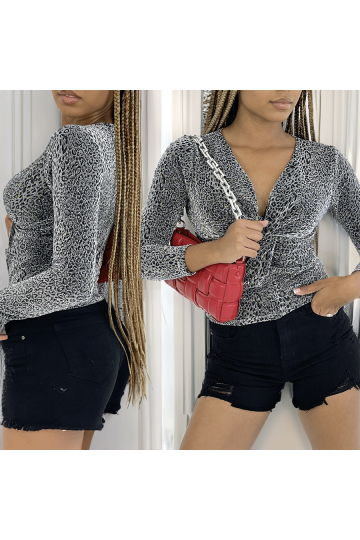 Lot de 6 Hauts scintillant avec imprimés léopard argenté à manches longues, col v - 1